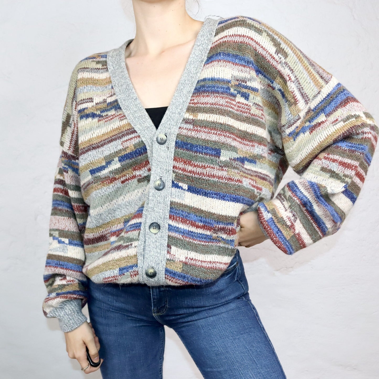 Vintage 80er 90er ARIANNA Cardigan Wolle gemustert Strick beige bunt XL