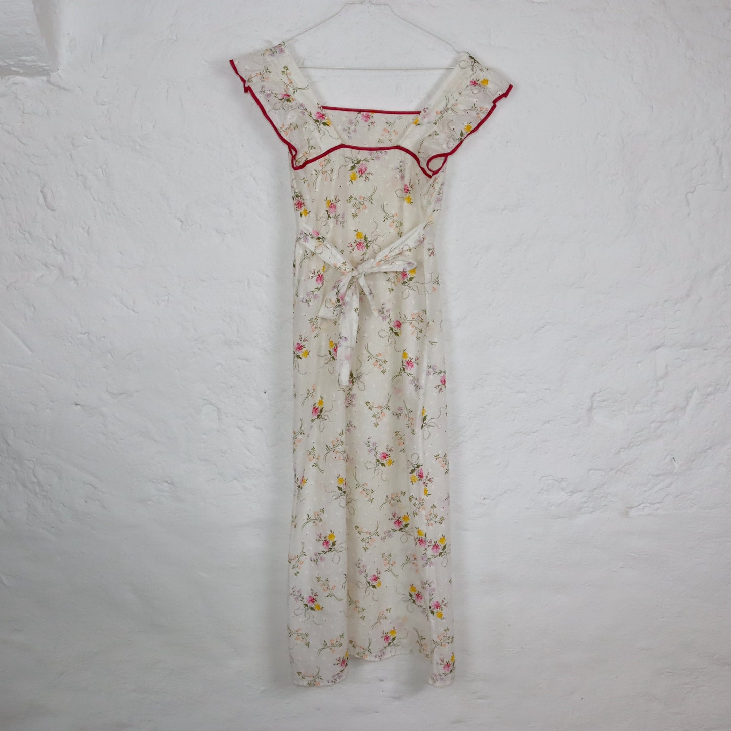 Vintage 70er 80er DDR Maxikleid Sommerkleid leicht transparent Blumenmuster Boho weiß S