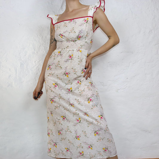 Vintage 70er 80er DDR Maxikleid Sommerkleid leicht transparent Blumenmuster Boho weiß S