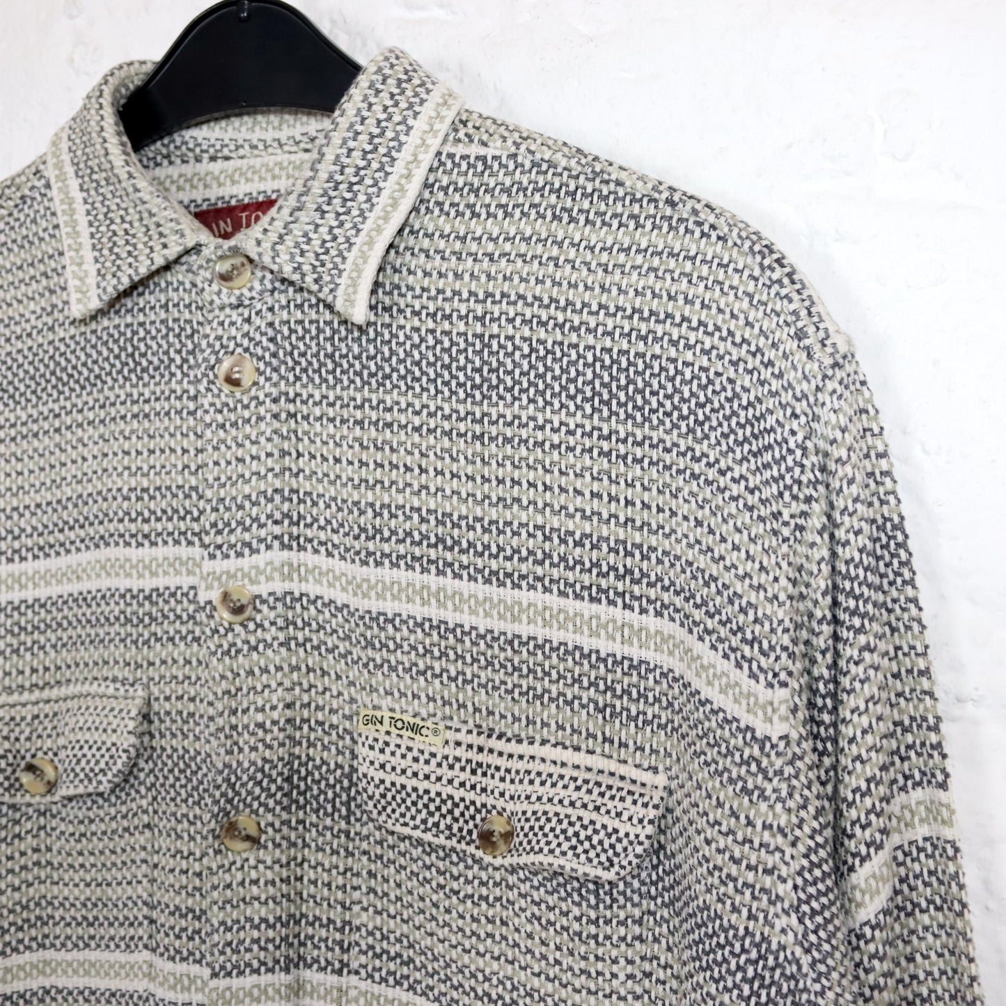 Vintage 80s 90s GIN TONIC shirt long sleeve waffle look beige grey L