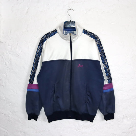 Vintage 80s 90s ASICS tracksuit jacket stand-up collar white blue 54 XL