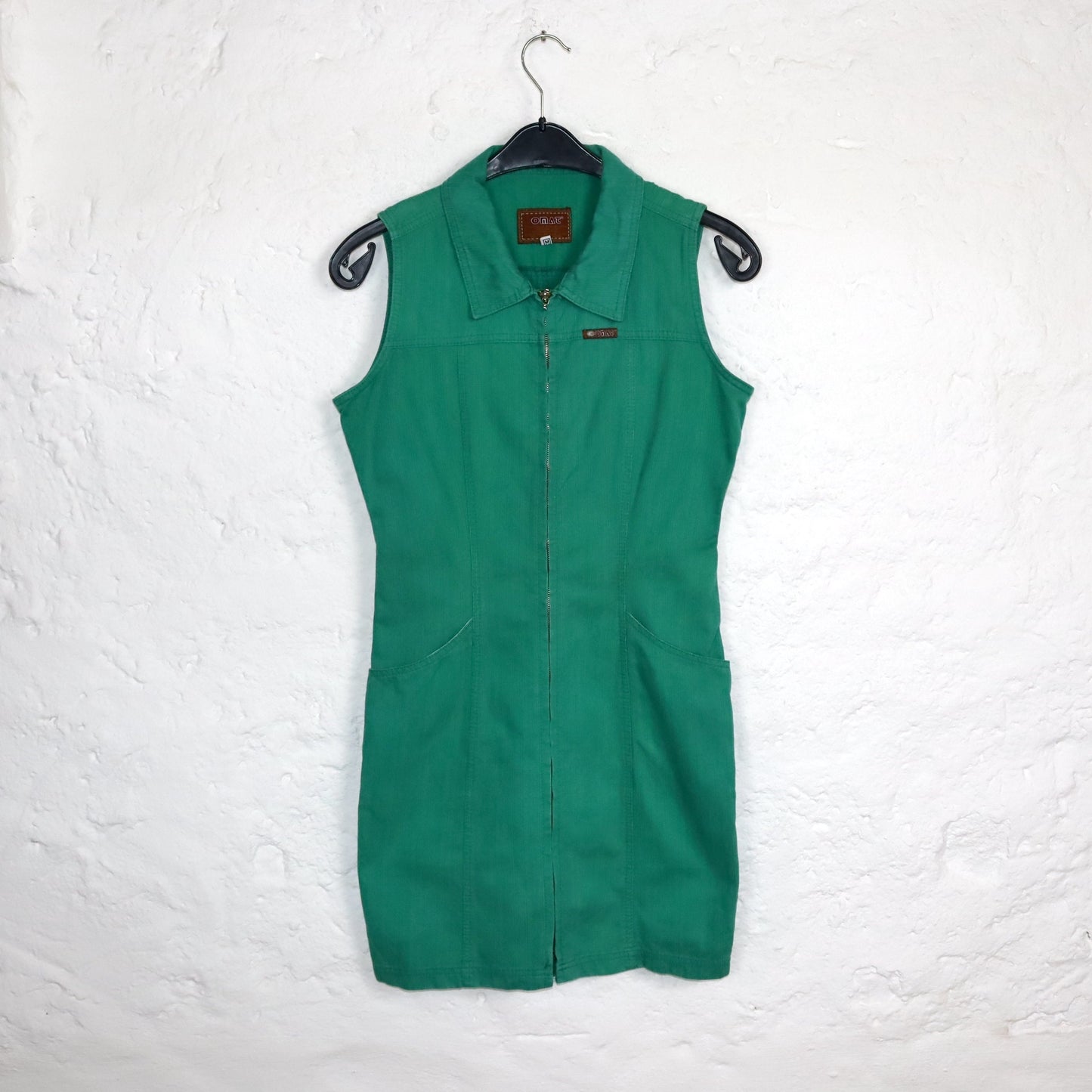Vintage 80s 90s OMAT denim dress sleeveless with zipper green M
