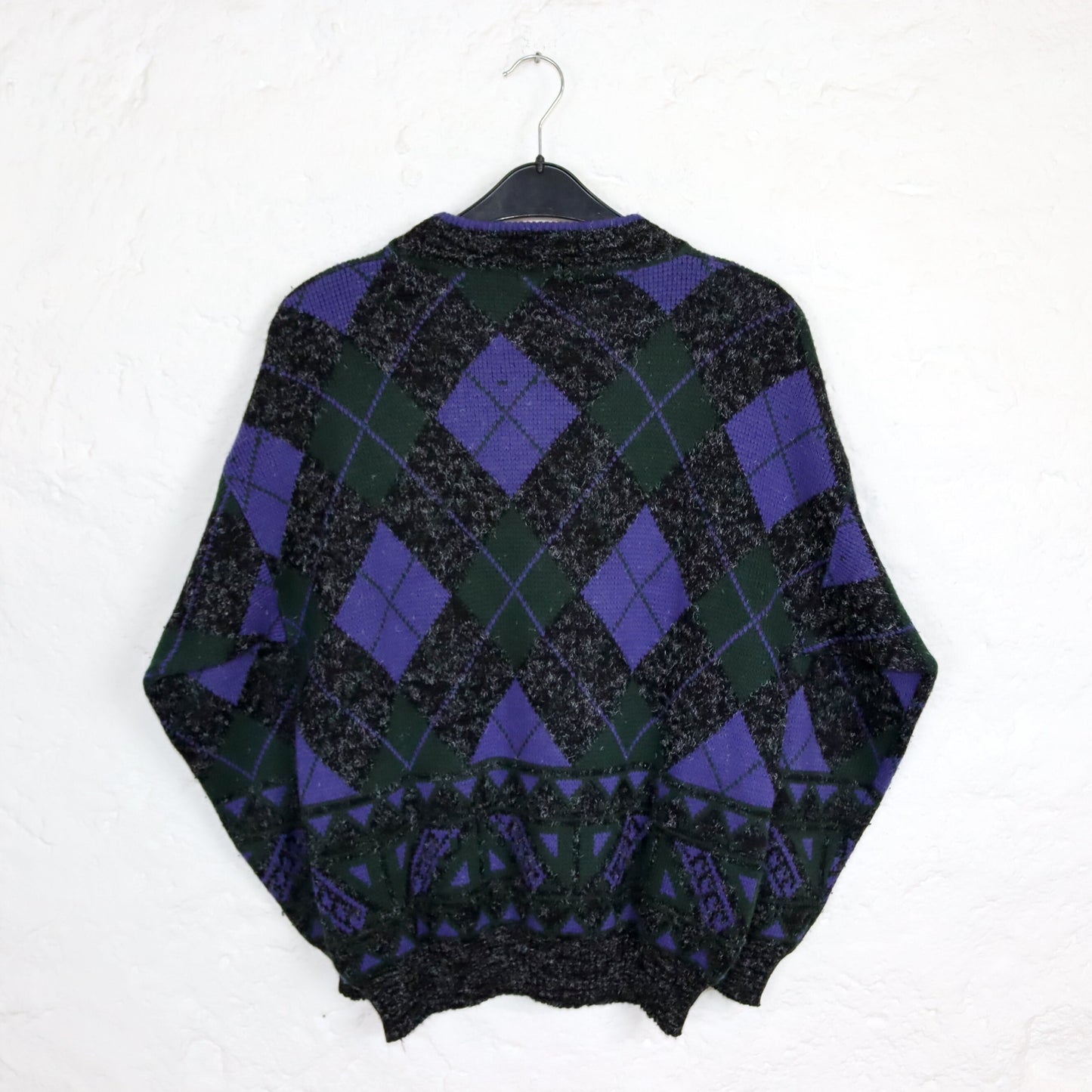 Vintage 80er 90er QUADRO Wollpullover Pullover Wolle kariert gemustert schwarz lila M