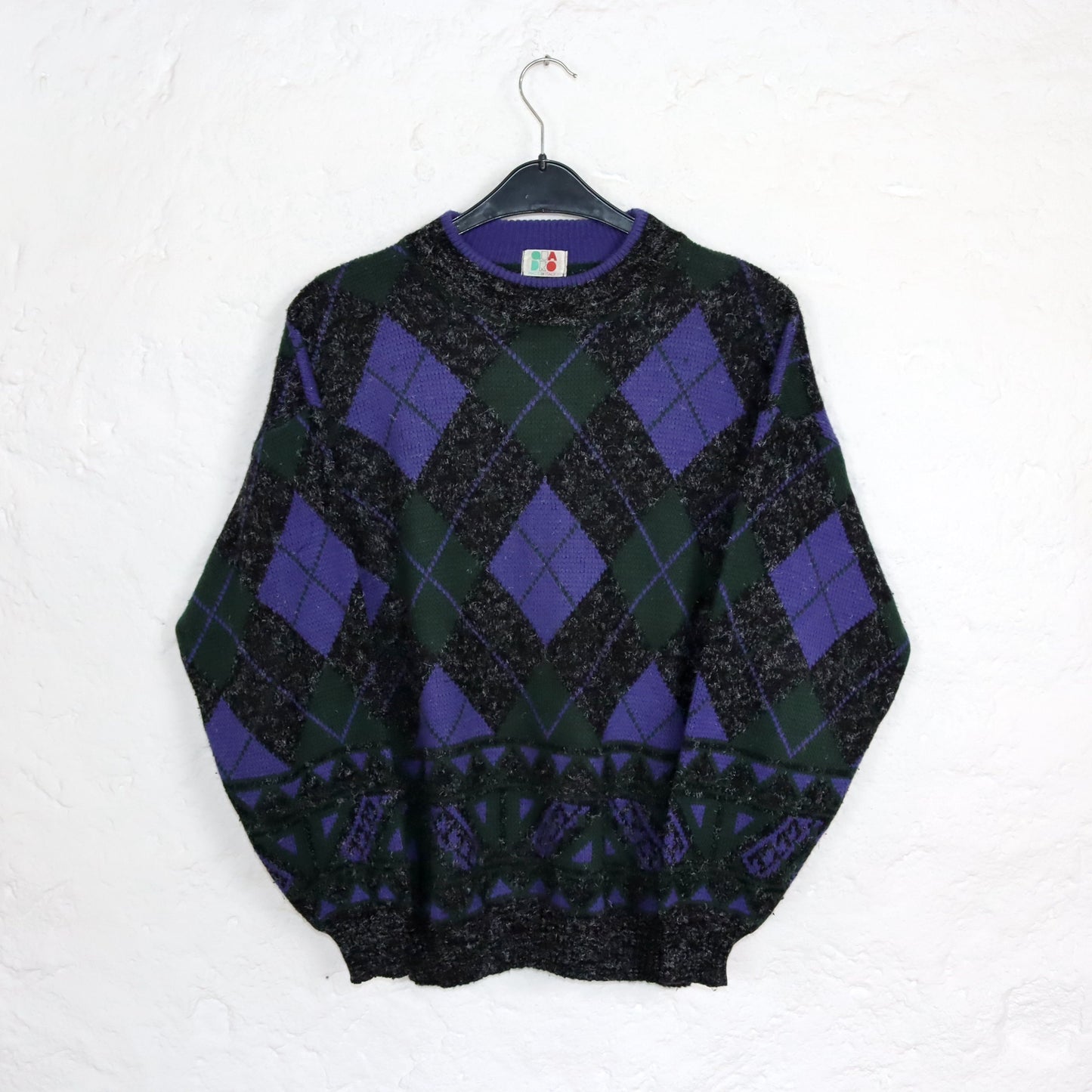 Vintage 80er 90er QUADRO Wollpullover Pullover Wolle kariert gemustert schwarz lila M