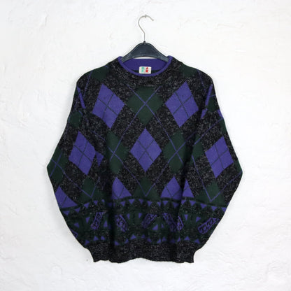 Vintage 80er 90er QUADRO Wollpullover Pullover Wolle kariert gemustert schwarz lila M