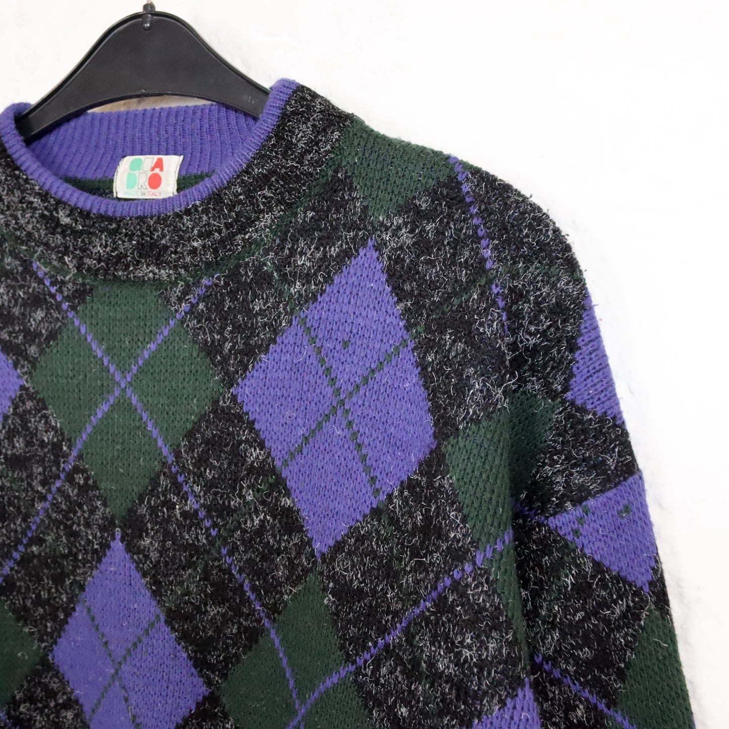 Vintage 80er 90er QUADRO Wollpullover Pullover Wolle kariert gemustert schwarz lila M