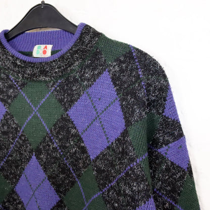 Vintage 80er 90er QUADRO Wollpullover Pullover Wolle kariert gemustert schwarz lila M
