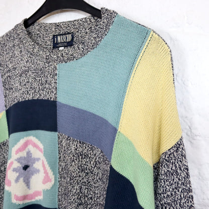 Vintage 80s 90s MASCHI knitted sweater crazy pattern pastel 52 XL