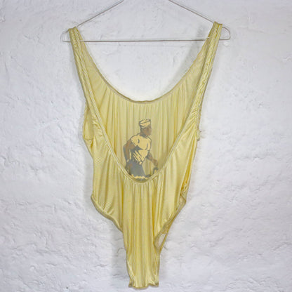 Vintage 80er 90er CHAMPION Body Einteiler gestreift weiß gelb Print M