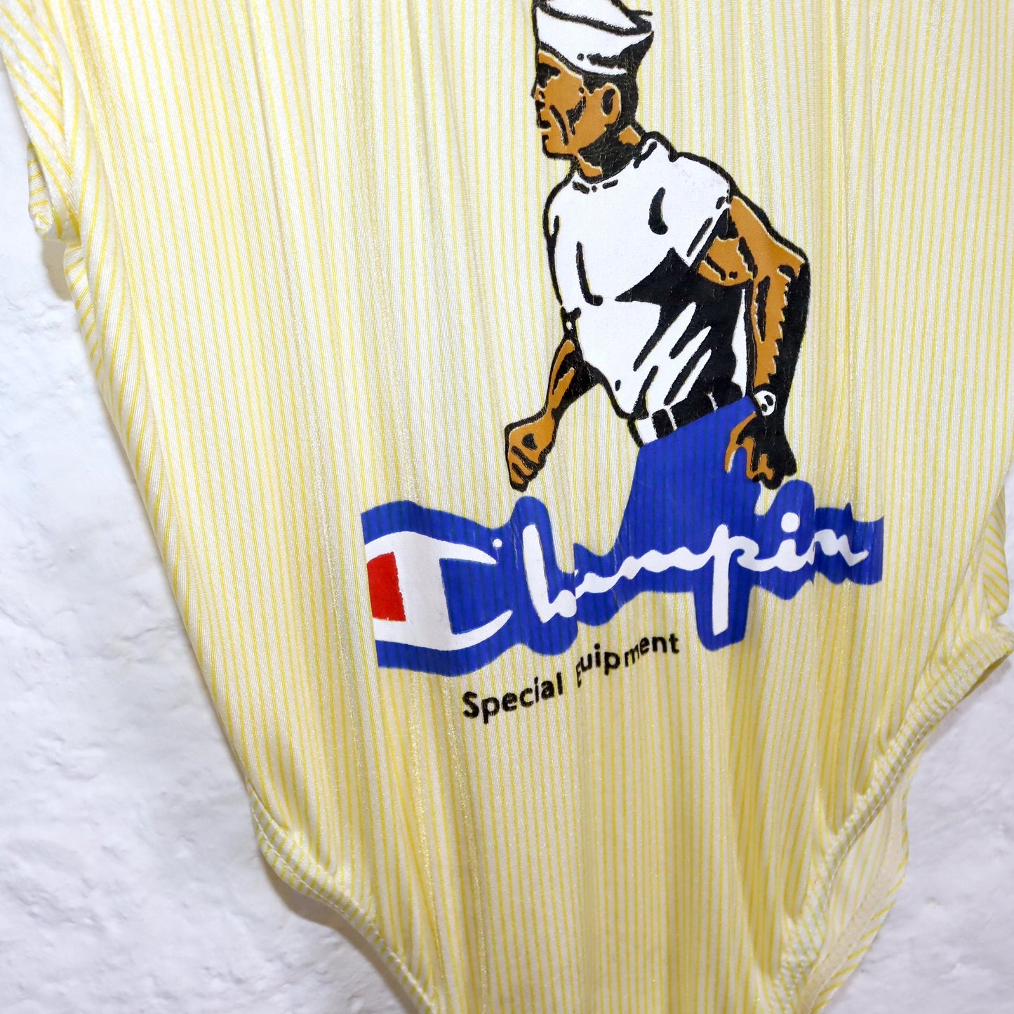 Vintage 80er 90er CHAMPION Body Einteiler gestreift weiß gelb Print M