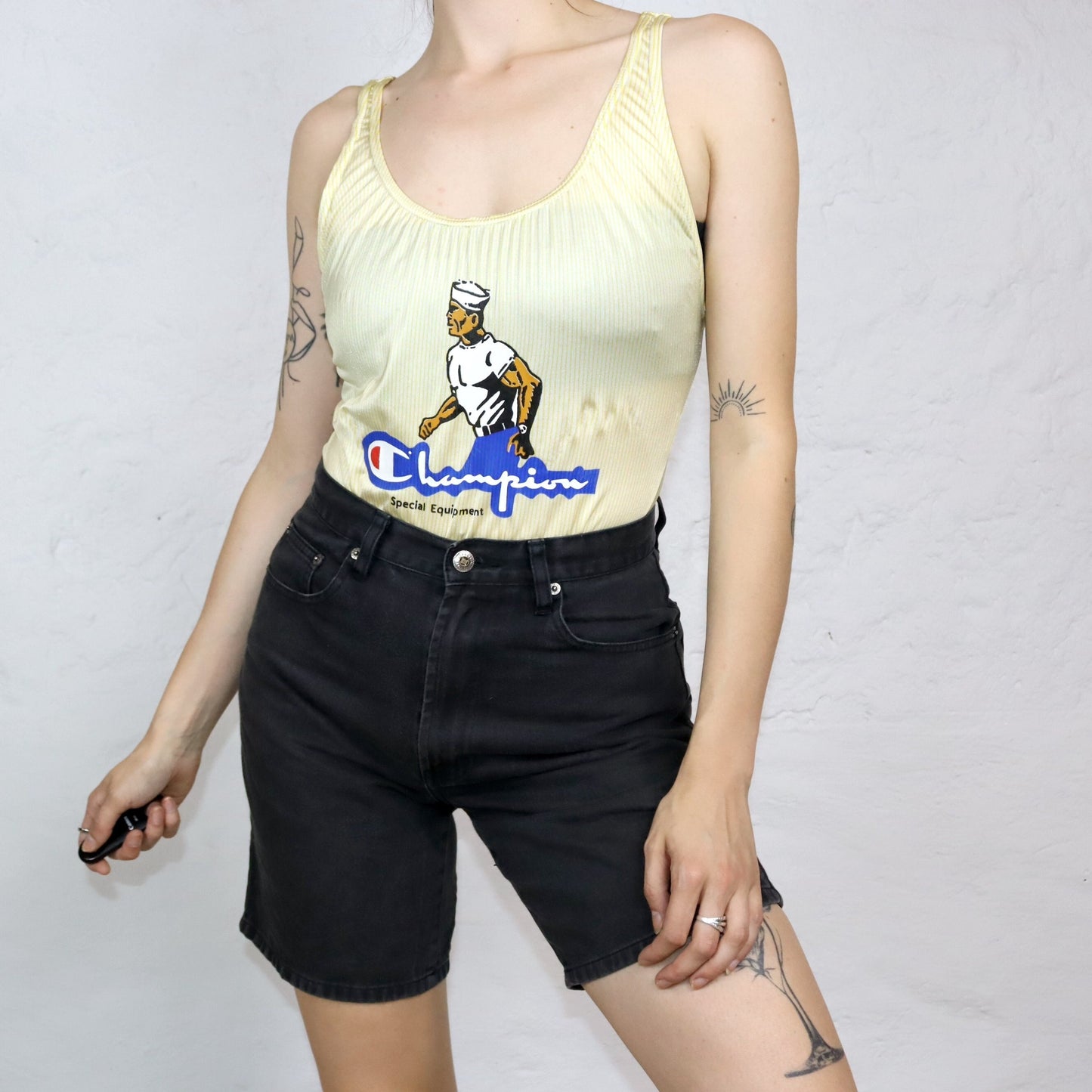 Vintage 80er 90er CHAMPION Body Einteiler gestreift weiß gelb Print M