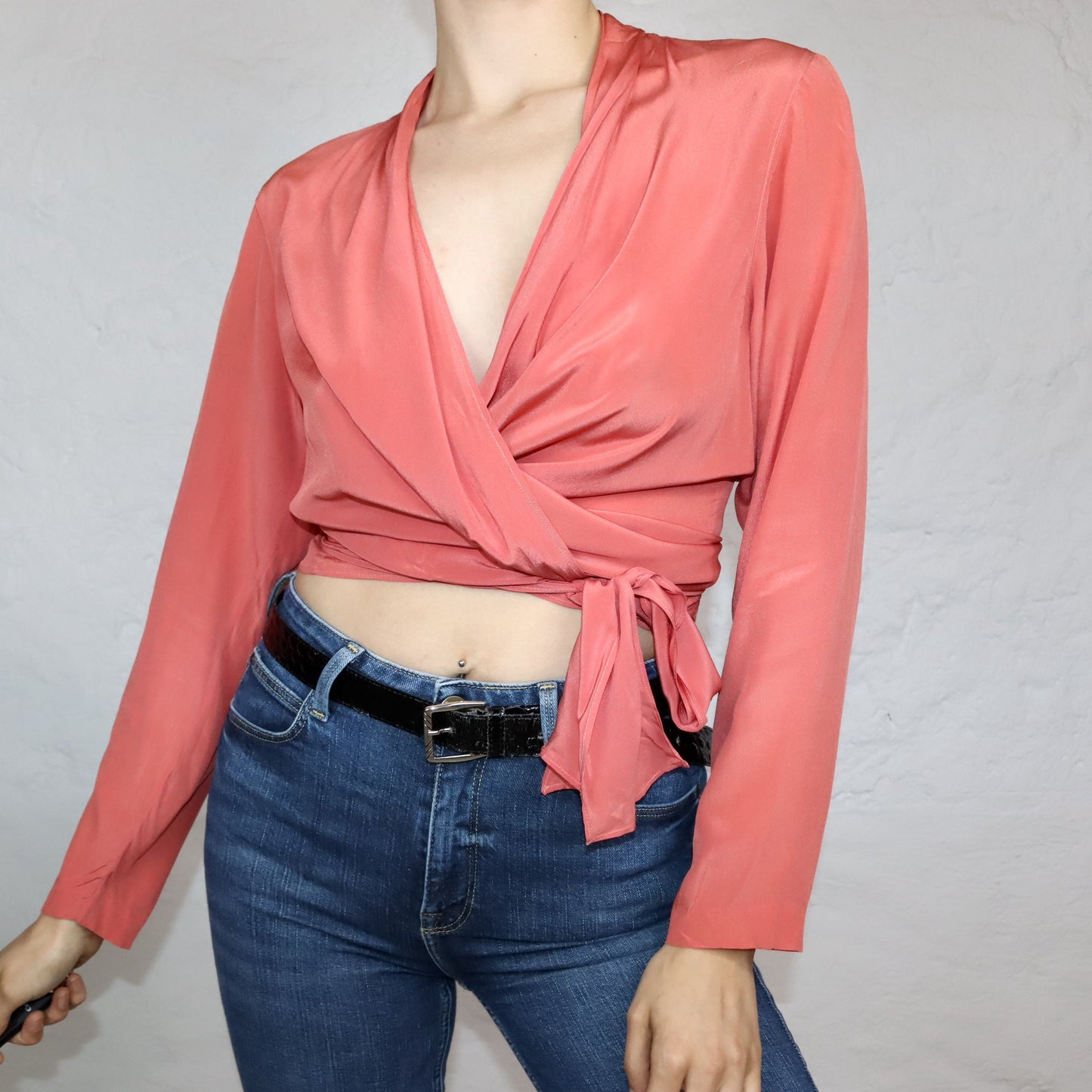 Vintage 80er 90er Seidenbluse Wickelbluse Aprikose langarm M