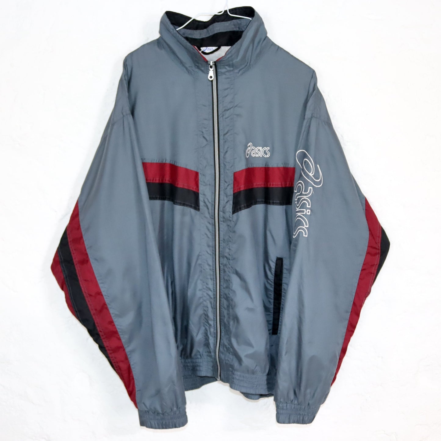 Vintage 80s 90s ASICS tracksuit jacket stand-up collar grey red 56 XL