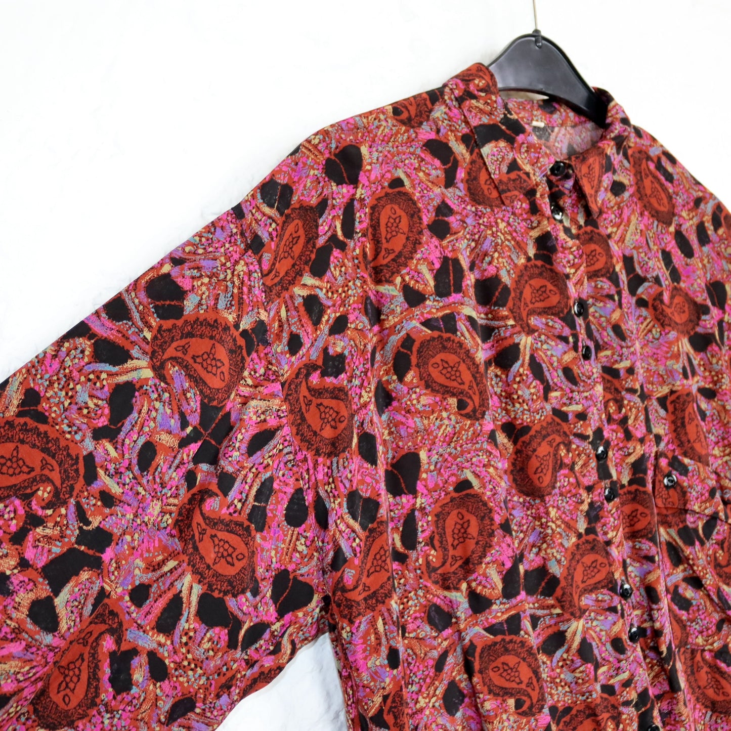 Vintage 80s 90s blouse long sleeve crazy pattern paisley pattern viscose pink 44