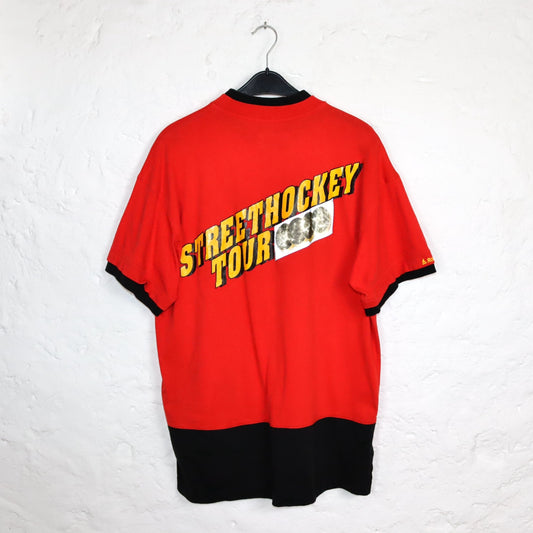 Vintage 80s 90s DARWINS T-Shirt short sleeve print Rollerblade Streethockey black red