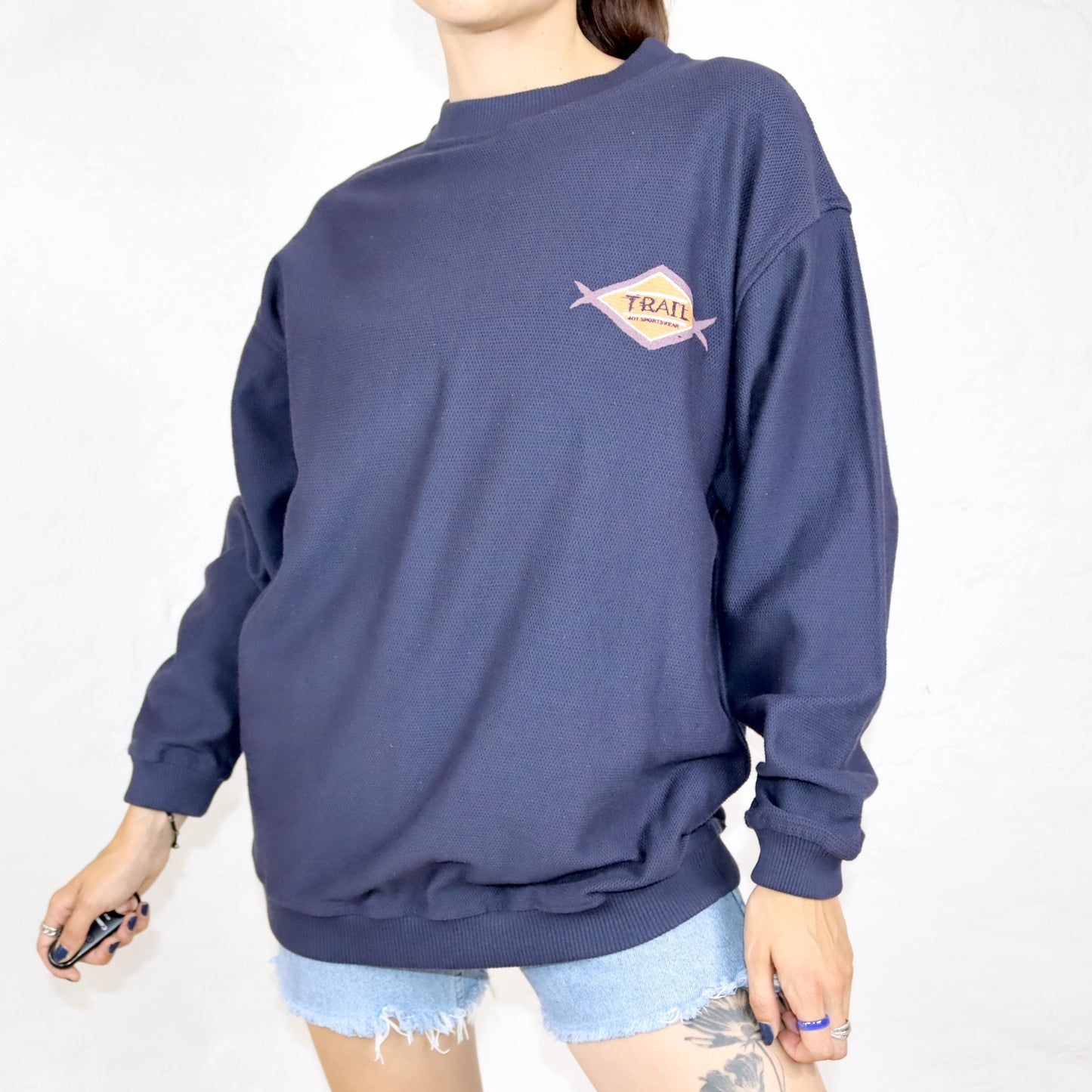 Vintage 80er 90er JOY Sweatshirt Pullover Waffeloptik dunkelblau 38