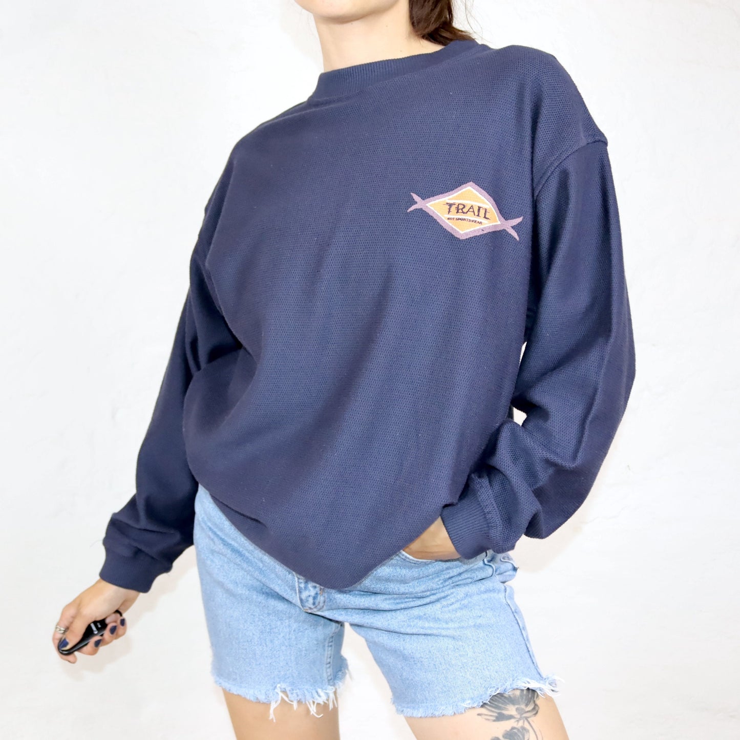 Vintage 80er 90er JOY Sweatshirt Pullover Waffeloptik dunkelblau 38