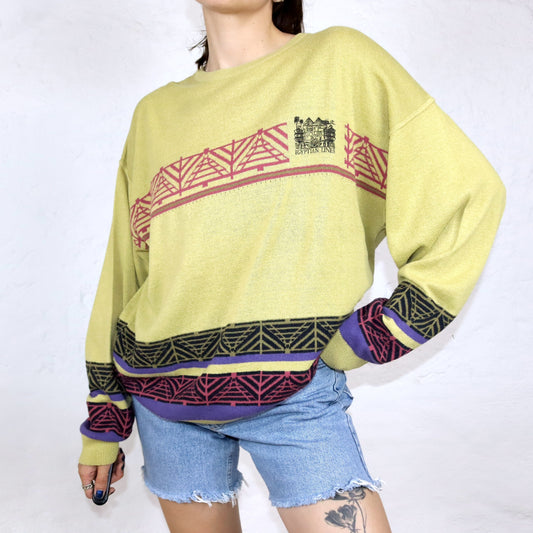 Vintage 80er 90er ENZO LORENZO dünner Pullover Muster gelb bunt 54 XL