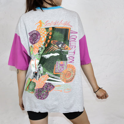 Vintage 80s 90s DIADORA T-Shirt short sleeve print grey pink blue crazy pattern L