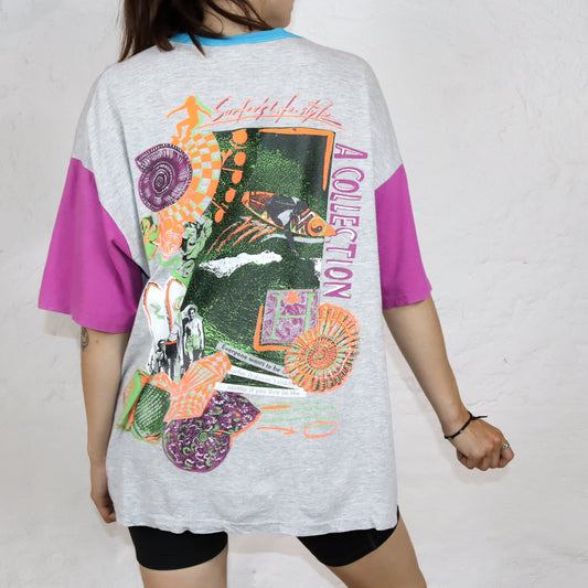 Vintage 80s 90s DIADORA T-Shirt short sleeve print grey pink blue crazy pattern L