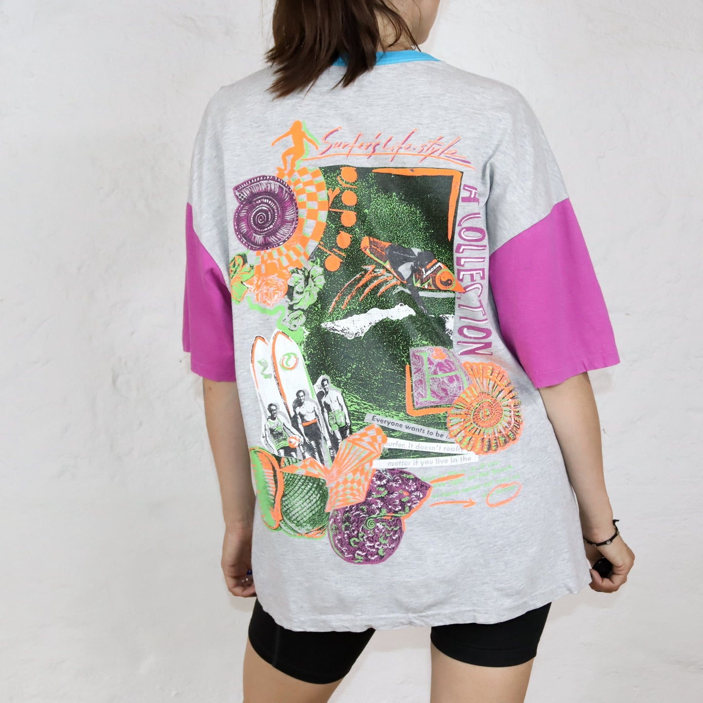 Vintage 80s 90s DIADORA T-Shirt short sleeve print grey pink blue crazy pattern L