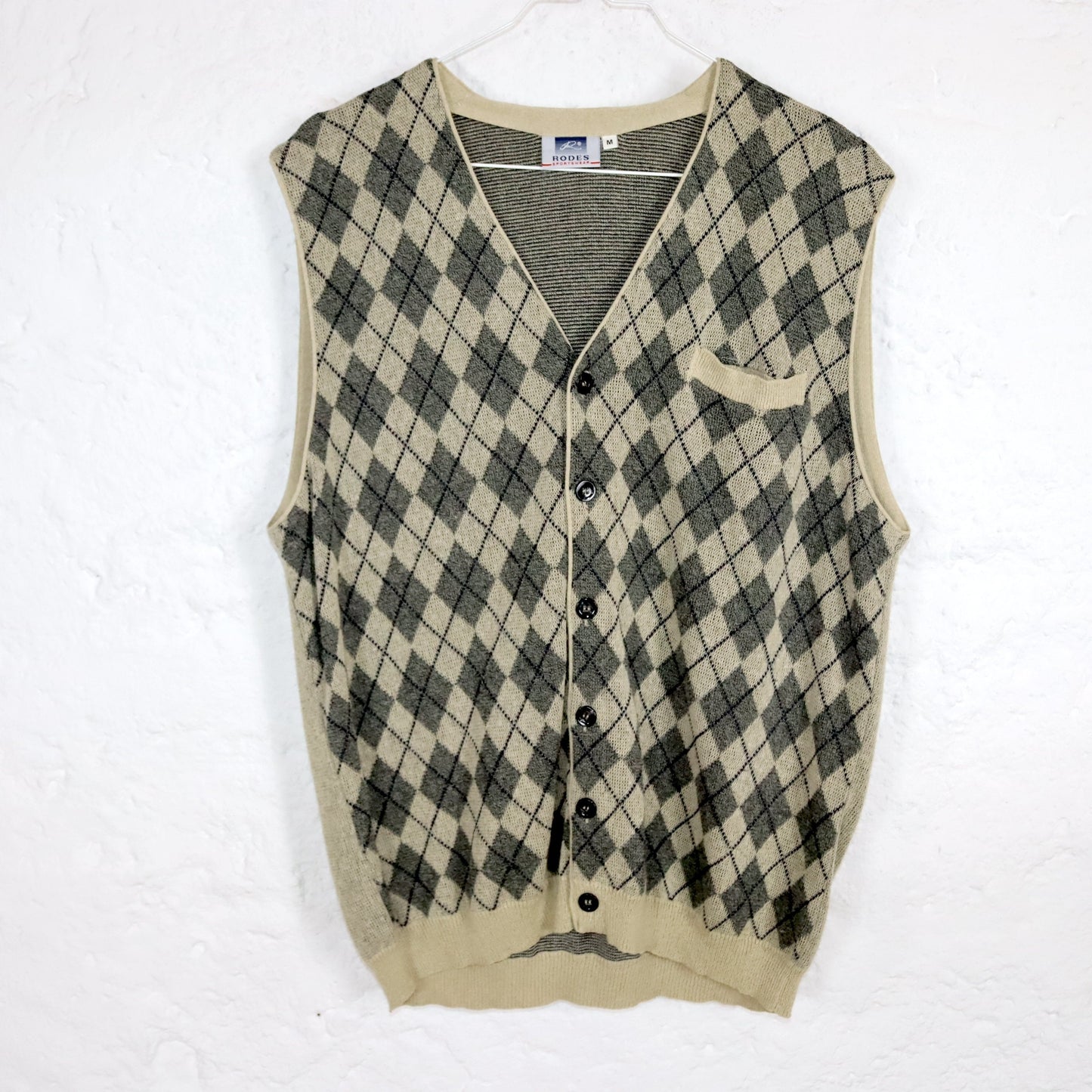 Vintage 80s 90s RODES sweater vest beige checked button row M