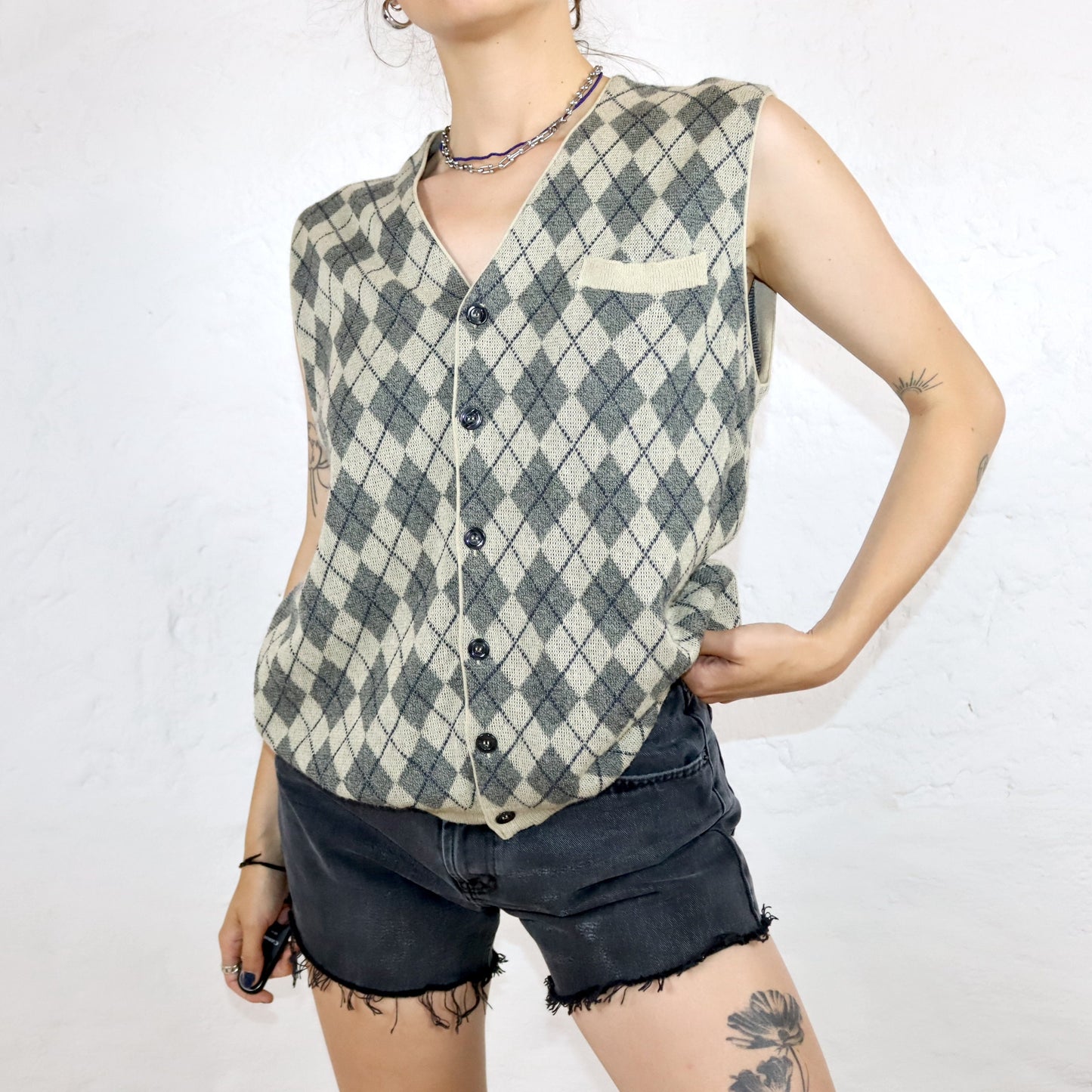 Vintage 80s 90s RODES sweater vest beige checked button row M
