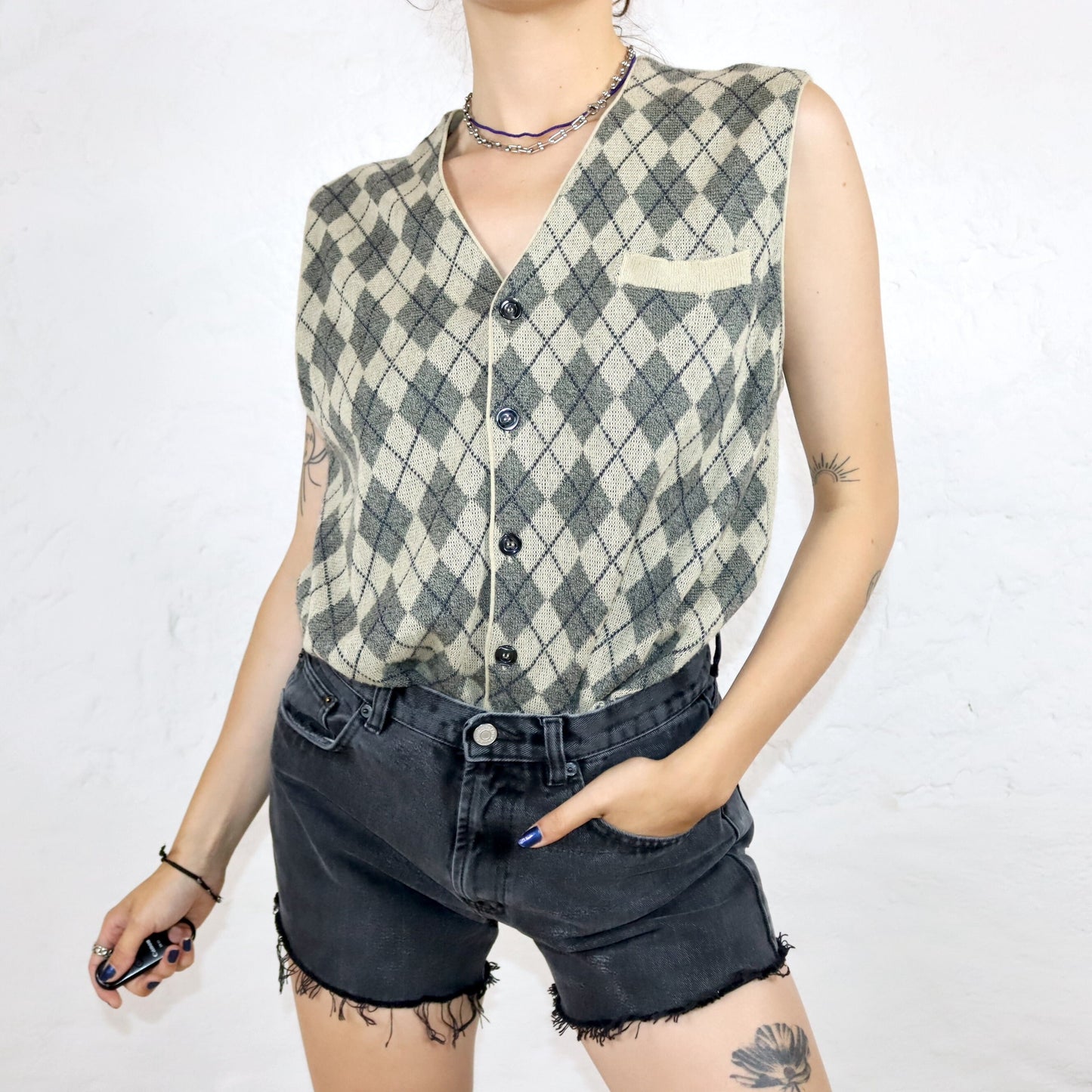 Vintage 80s 90s RODES sweater vest beige checked button row M