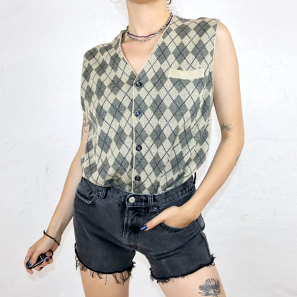 Vintage 80s 90s RODES sweater vest beige checked button row M