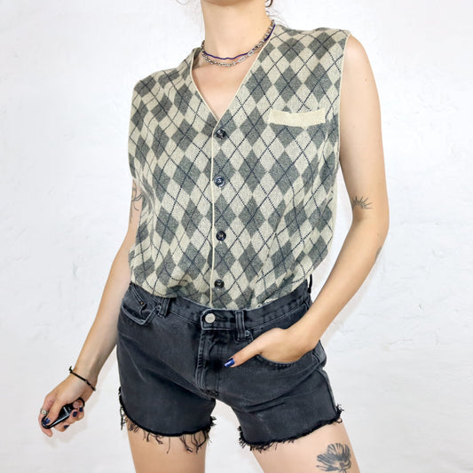 Vintage 80s 90s RODES sweater vest beige checked button row M