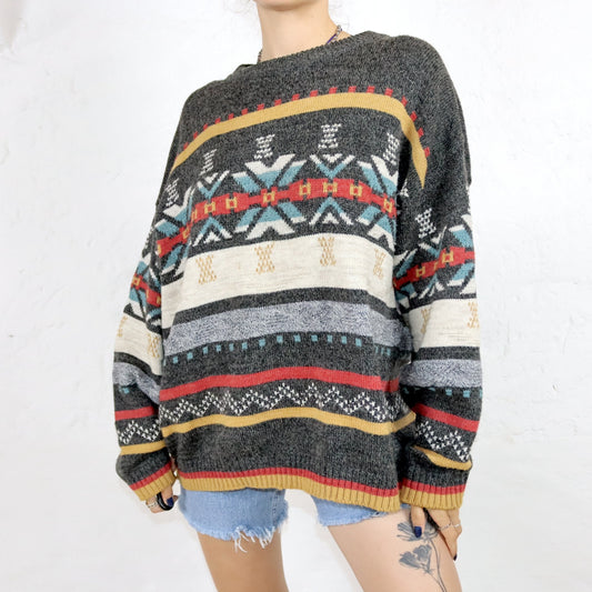 Vintage 80er 90er GAME OVER Pullover Strickpullover gemustert bunt 52 L/XL