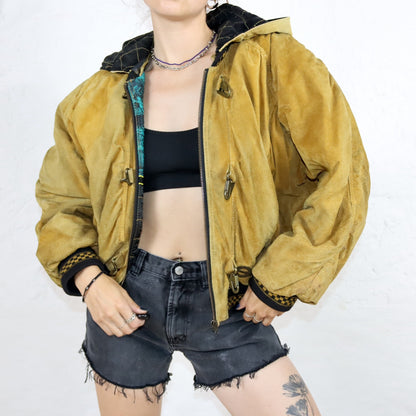Vintage 80s 90s DINOZ suede jacket bomber jacket shoulder pads hood beige 40