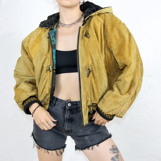 Vintage 80s 90s DINOZ suede jacket bomber jacket shoulder pads hood beige 40