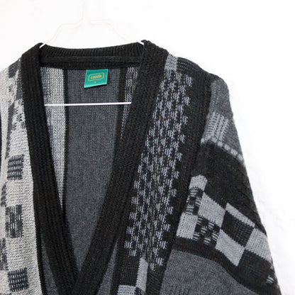 Vintage 80er 90er CANDA Wollcardigan Cardigan Wolle gemustert grau schwarz L