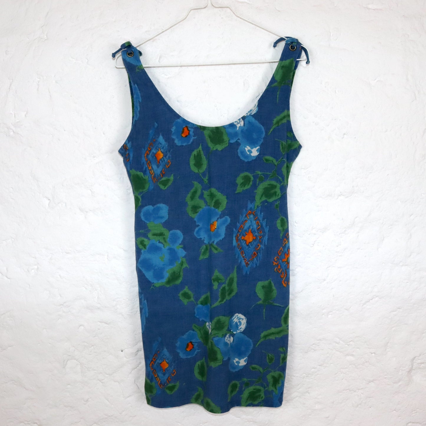 Vintage 80s 90s GP.ONE mini dress back neckline crazy pattern sleeveless linen M
