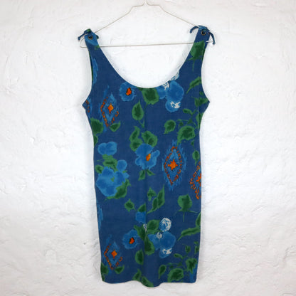 Vintage 80s 90s GP.ONE mini dress back neckline crazy pattern sleeveless linen M