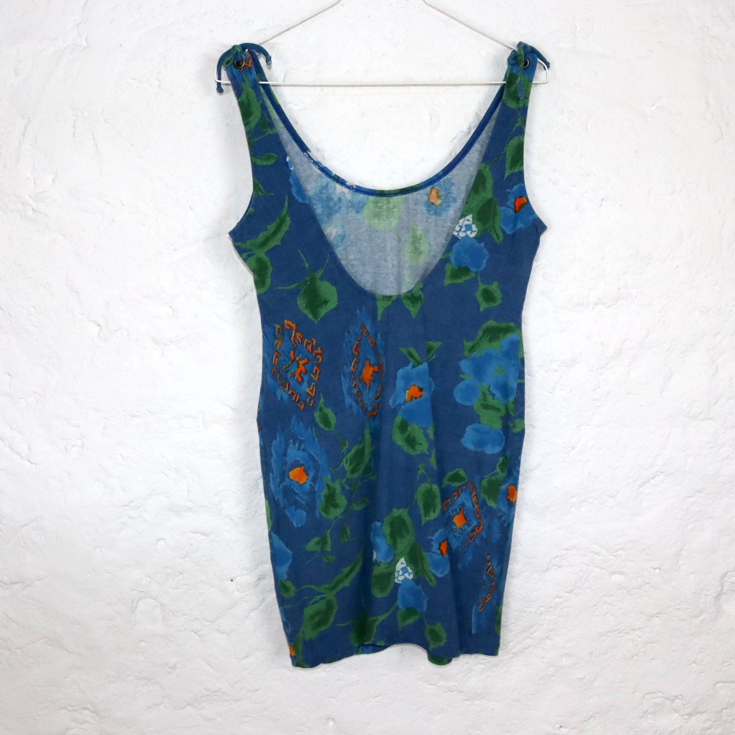 Vintage 80s 90s GP.ONE mini dress back neckline crazy pattern sleeveless linen M