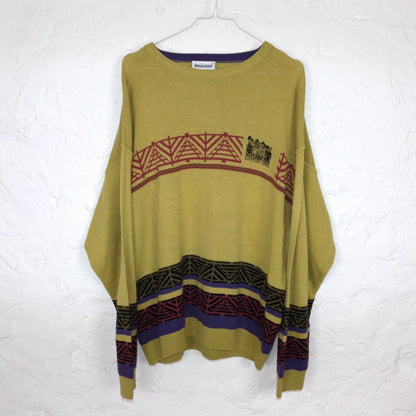 Vintage 80er 90er ENZO LORENZO dünner Pullover Muster gelb bunt 54 XL
