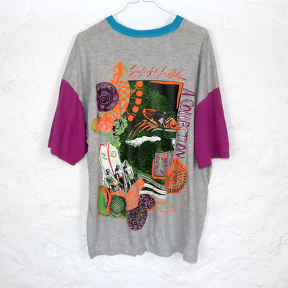 Vintage 80s 90s DIADORA T-Shirt short sleeve print grey pink blue crazy pattern L