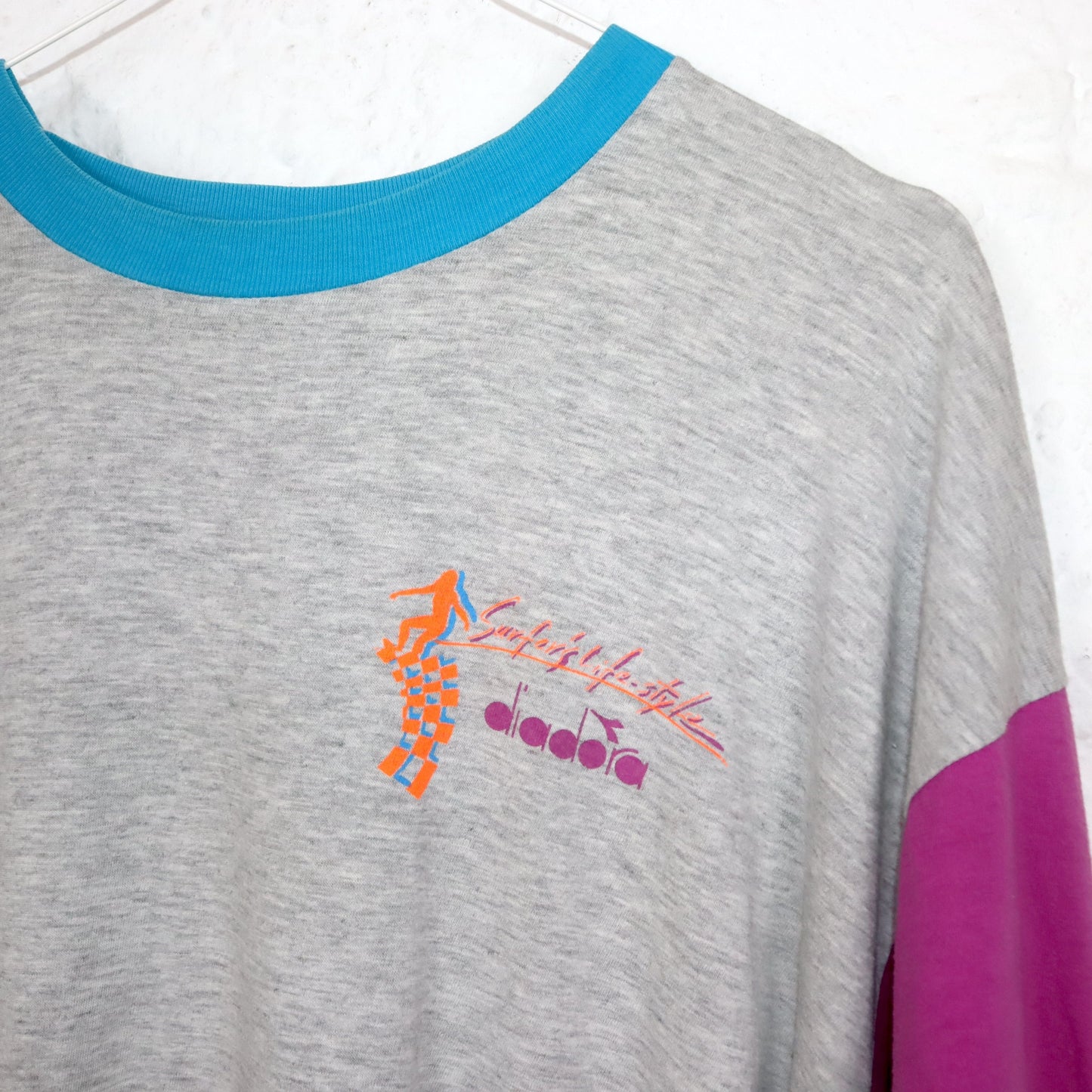 Vintage 80s 90s DIADORA T-Shirt short sleeve print grey pink blue crazy pattern L