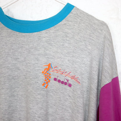 Vintage 80s 90s DIADORA T-Shirt short sleeve print grey pink blue crazy pattern L