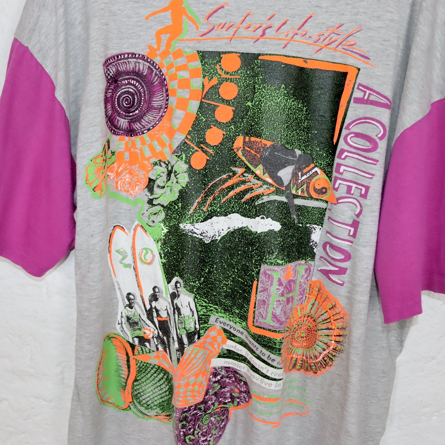 Vintage 80s 90s DIADORA T-Shirt short sleeve print grey pink blue crazy pattern L