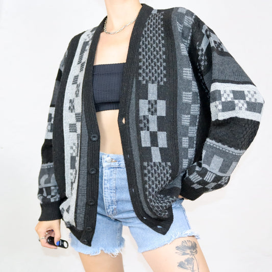 Vintage 80s 90s CANDA wool cardigan patterned grey black L