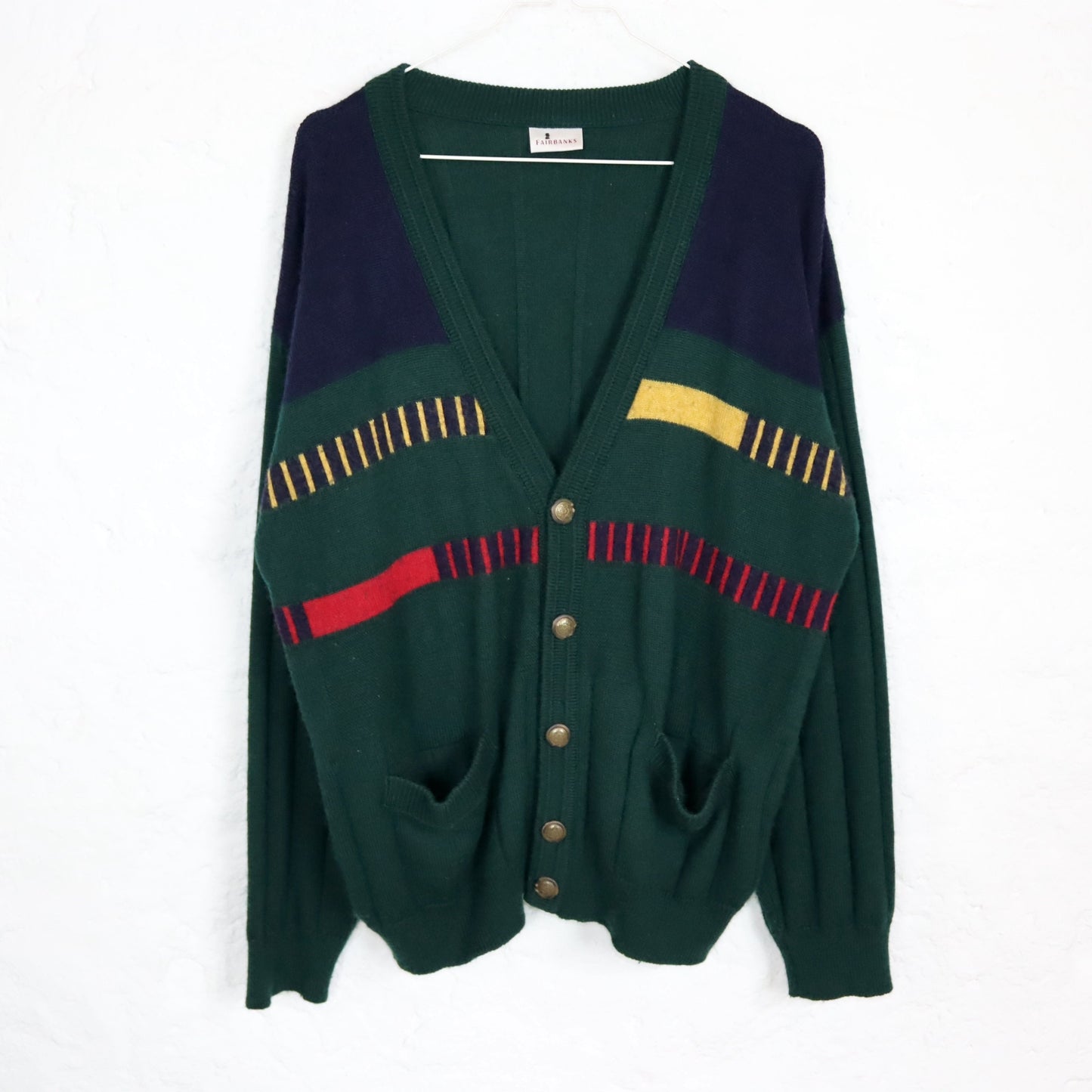 Vintage 80er 90er FAIRBANKS Cardigan Wollcardigan Wolle gemustert grün blau 52 L