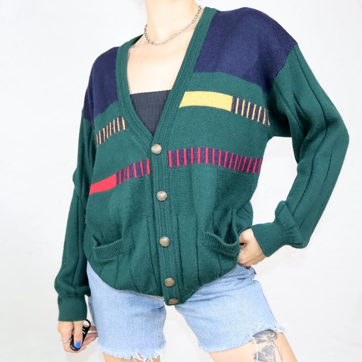 Vintage 80er 90er FAIRBANKS Cardigan Wollcardigan Wolle gemustert grün blau 52 L