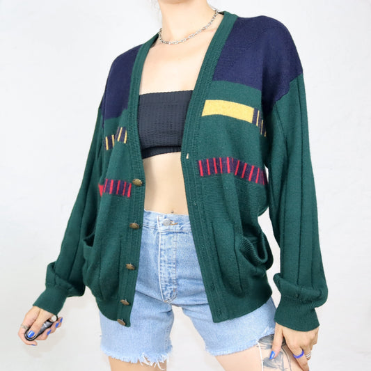 Vintage 80er 90er FAIRBANKS Cardigan Wollcardigan Wolle gemustert grün blau 52 L