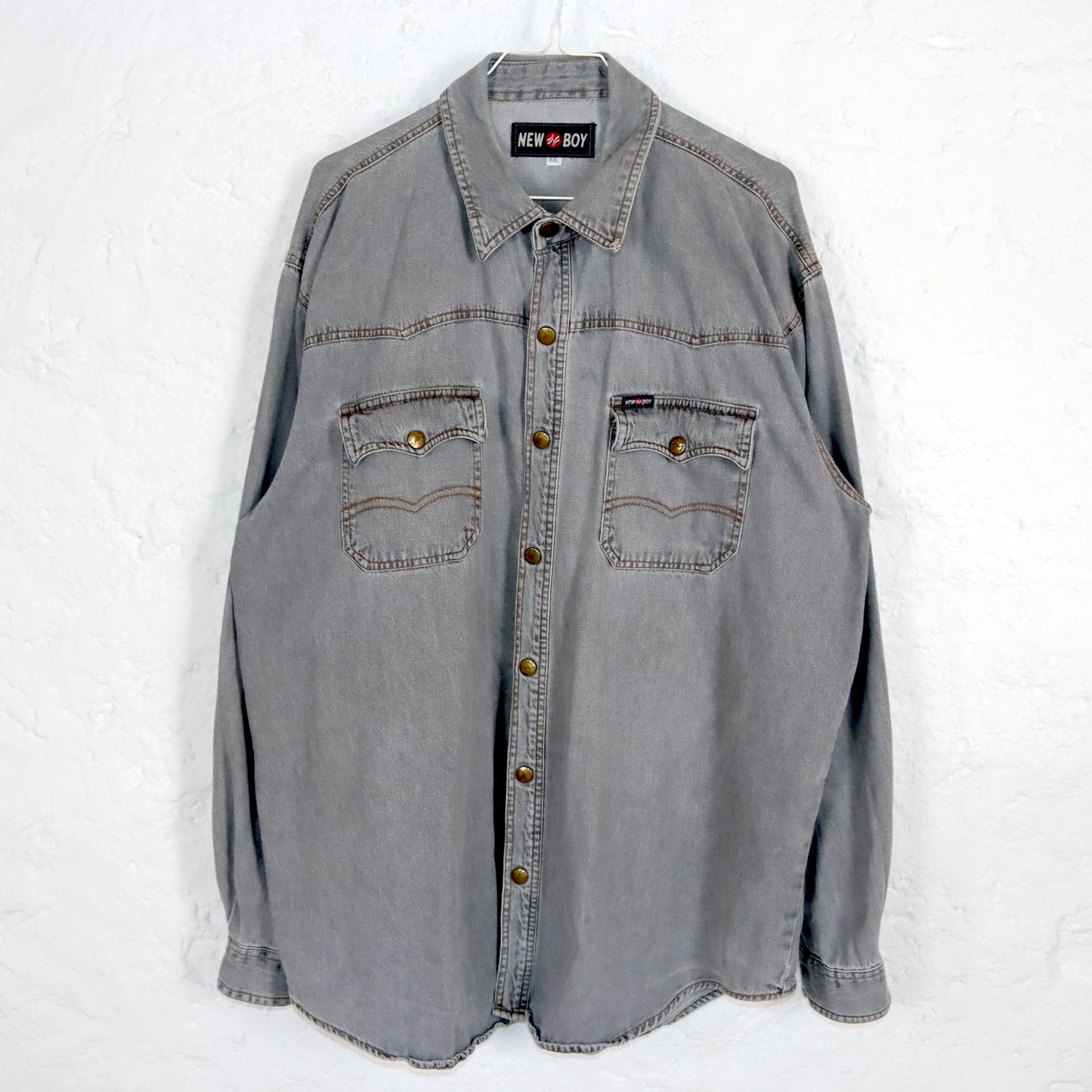 Vintage 80s 90s NEW BOY denim shirt long sleeve grey snap fasteners XXL