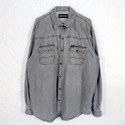 Vintage 80s 90s NEW BOY denim shirt long sleeve grey snap fasteners XXL
