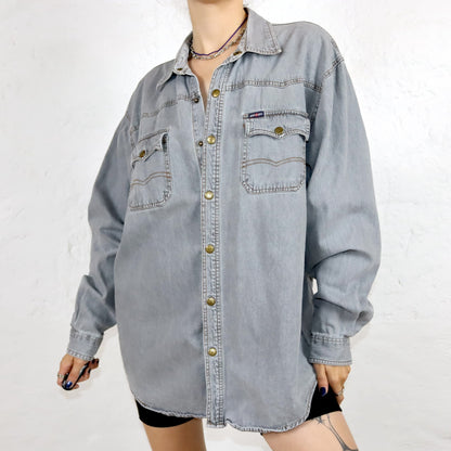 Vintage 80s 90s NEW BOY denim shirt long sleeve grey snap fasteners XXL