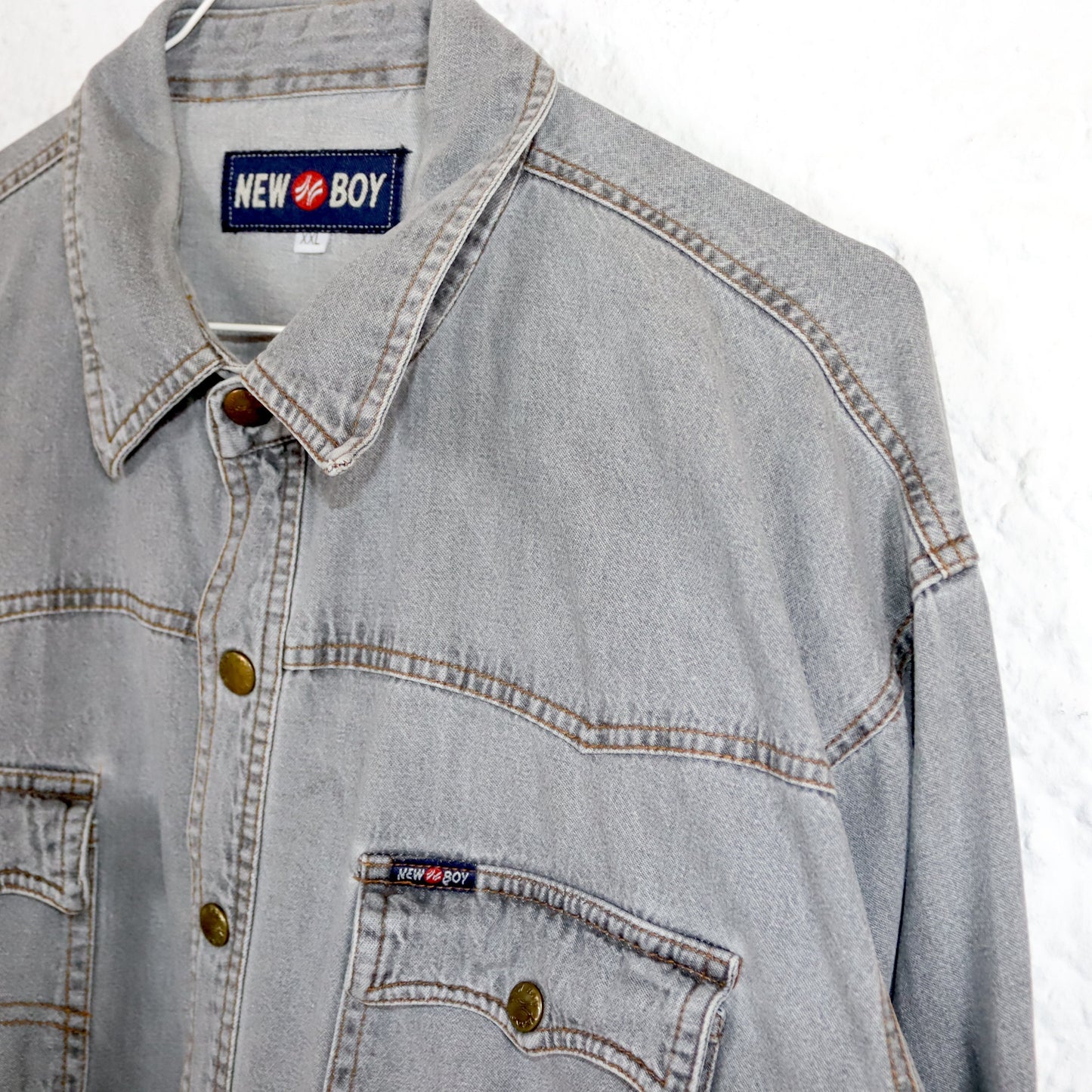 Vintage 80s 90s NEW BOY denim shirt long sleeve grey snap fasteners XXL